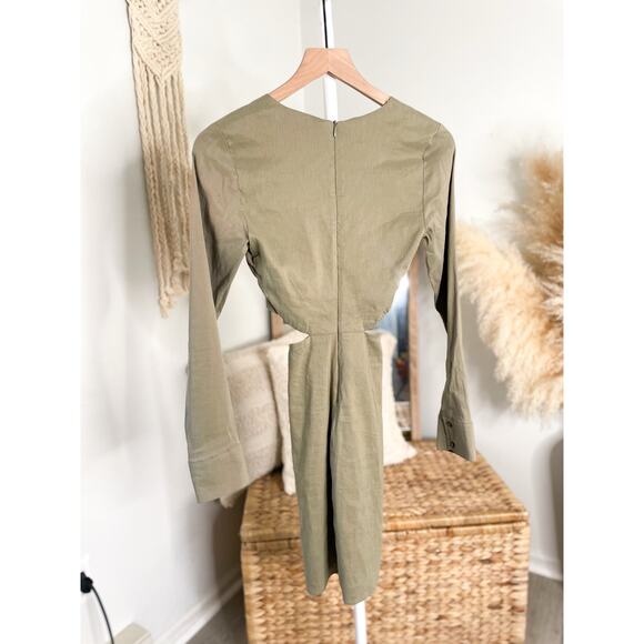 Zara Olive Green Linen Cut Out Long Sleeve Mini Bodycon Dress XS - Picture 7 of 10